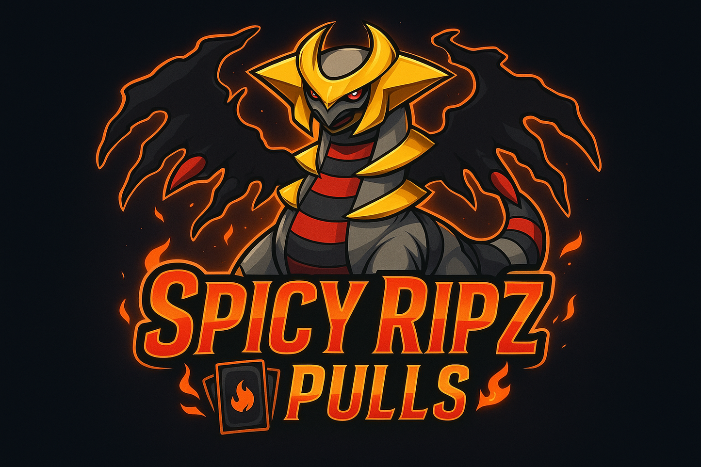 make a logo with the phrase "Spicy Ripz Pulls" and add the pokemon Giratina 